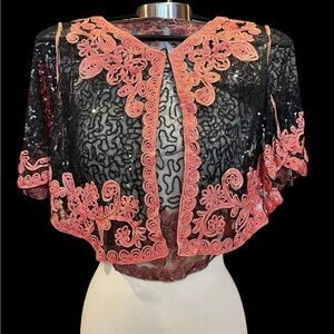 NWT Mesh Embroidered Sequins Top In Black /Coral